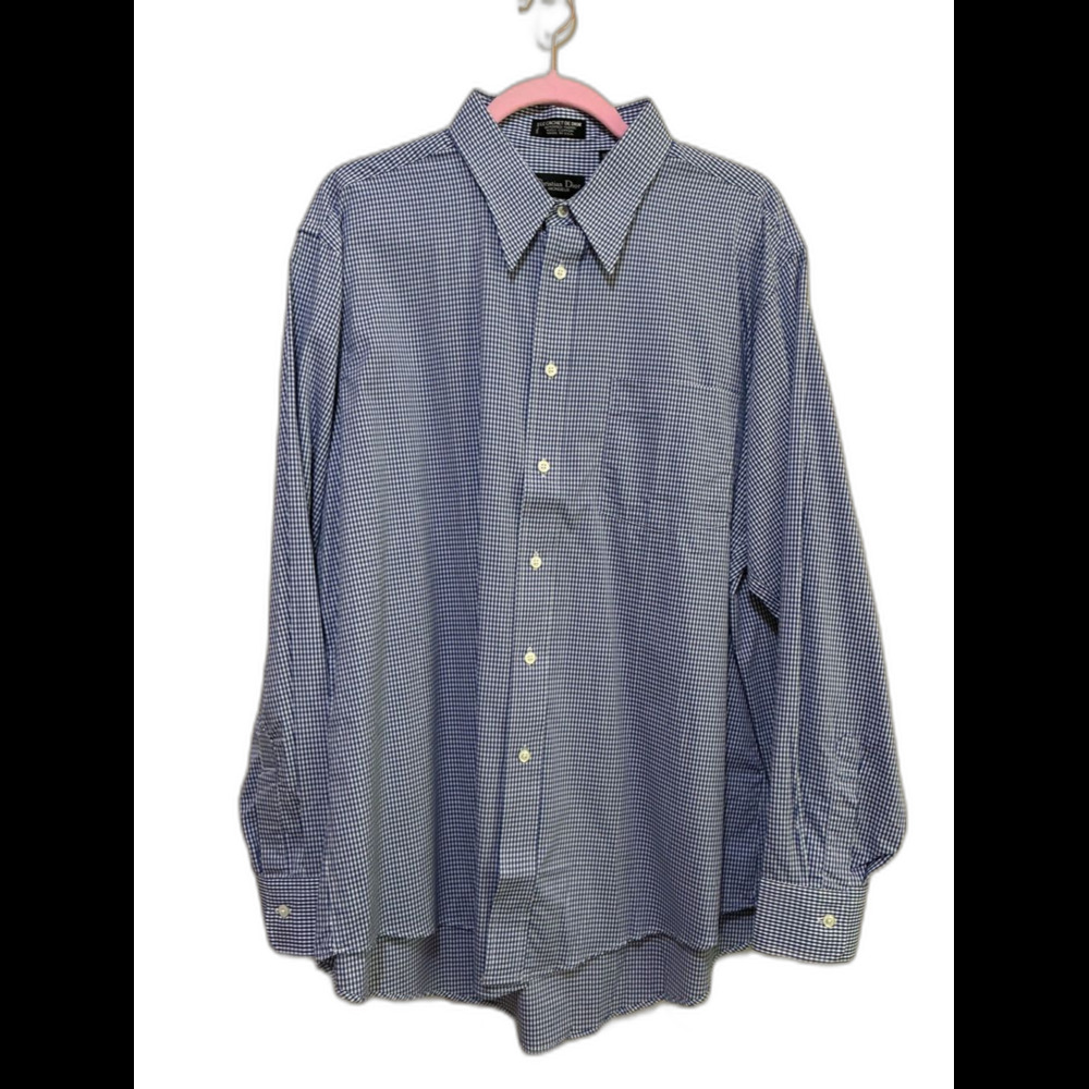 Christian Dior Monsieur Men’s White Blue Gingham Dress Shirt size 17 34-35